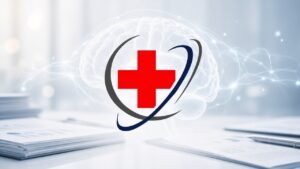 Professional medical image featuring a red cross logo with gray and blue orbital rings centered over a translucent glowing human brain with subtle neural pathways, set against a blurred desk with psychiatric charts and paperwork in soft blue clinical lighting.