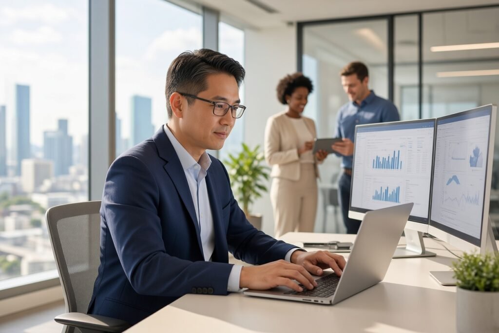 Asian man in a navy suit and glasses sitting at a modern desk typing on a laptop with dual monitors showing data charts, while two colleagues collaborate in the background of a bright high-rise office with city skyline views.