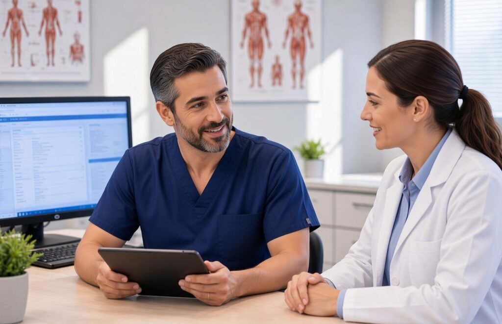 A male medical professional in navy blue scrubs sits at a desk holding a black tablet, smiling as he speaks with a female doctor in a white lab coat. They face each other in a bright, modern clinic office with anatomical posters on the walls, a computer monitor showing medical records, and small potted plants on the desk.